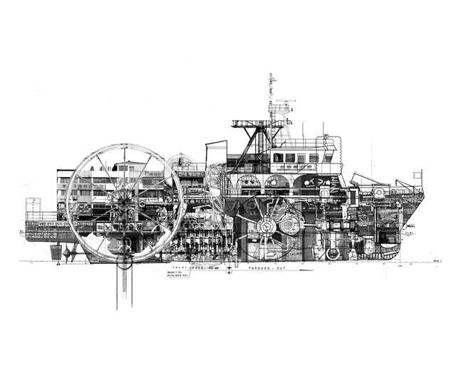 선박의 도면과 각종 기계 설비, 재래식 상가 건물의 이미지가 결합된 권민호 작가의 신작 <배>(2021). 갤러리 조은 제공