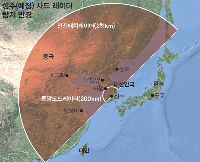 사드 레이더는 전방 120도 각도로 미사일을 탐지한다(그림은 180도로 작성해 탐지 반경을 나타냈다). 주한미군이 사드 레이더를 전진배치모드로 할 경우 중국 베이징 주변까지 동향을 파악할 수 있다. 미국 미사일방어청 누리집