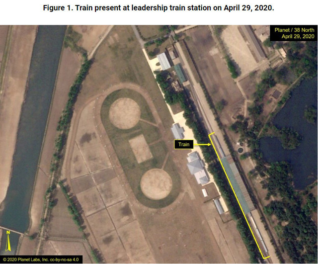 A satellite image of what’s assumed to be North Korean leader Kim Jong-un’s train, which has been stationed near a resort in the city of Wonsan for several days. (provided by 38 North)