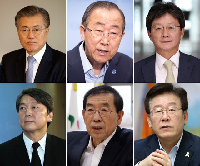 왼쪽부터 문재인 전 더불어민주당 대표, 반기문 유엔 사무총장, 유승민 새누리당 의원, 안철수 전 국민의당 대표, 박원순 서울시장, 이재명 성남시장. 한겨레