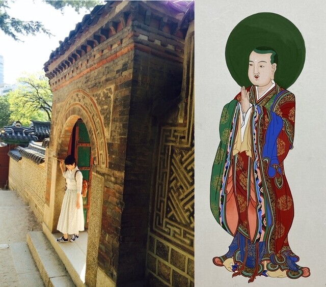 Kim Ha-young wears an everyday hanbok during a visit to Deoksu Palace in Seoul (left). On the right is a portrait of Buddhist monk Daoming drawn by Kim. (courtesy of Kim)