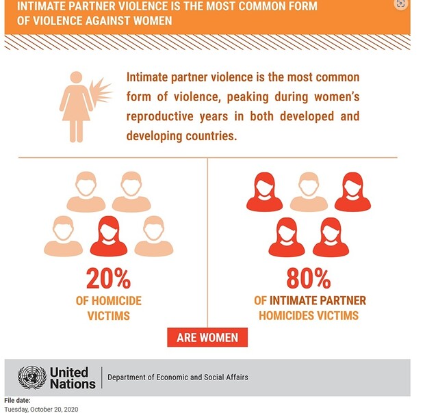 전세계 살인 피해자의 성별을 보면 여성은 20%이지만, 친밀한 파트너의 의해 살해당한 피해자의 80%는 여성이라는 점을 설명한 유엔 자료. 유엔 경제사회국(DESA) 누리집 갈무리