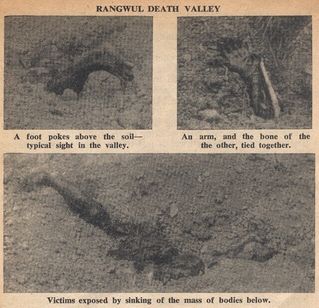 Photos of the massacre site in Gollyeong Valley that ran alongside journalist Alan Winnington’s “I saw the truth in Korea” expose in the Daily Worker show limbs of victims poking out of the soil as the mass of bodies sinks below the surface. (Hankyoreh file photo)