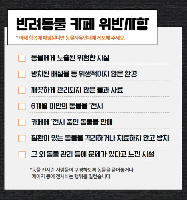 반려동물 카페 위반사항 체크리스트. 동물자유연대 제공