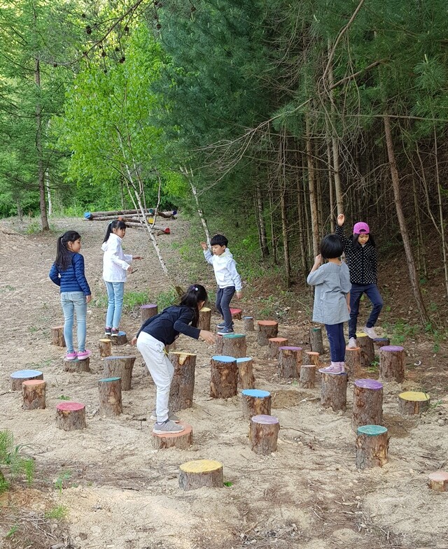 무지개색을 칠한 나무징검다리. 아이들은 아빠가 ‘기획’한 동선대로 놀지 않고 넓은 공간에서 자신들의 상상력을 발휘해 놀았다. 그루벌미디어 제공