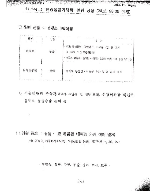 박남춘 더불어민주당 의원실이 입수한 고 백남기 농민 사고 당일 작성된 ‘상황속보’. 박남춘 의원실 제공 (※이미지를 누르면 크게 보실 수 있습니다.)