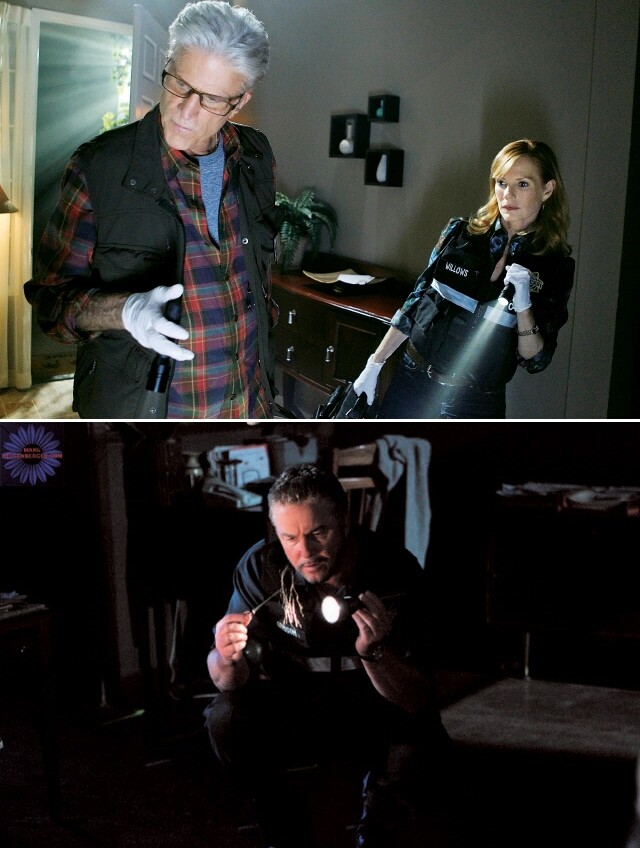 'CSI 과학수사대' 시즌 12부터 새롭게 등장한 러셀 반장(위 왼쪽). 9월29일 방영된 'CSI 과학수사대' 최종회에서는 그리섬(아래) 등 역대 반장들이 총출동해 사건을 해결했다. 한겨레