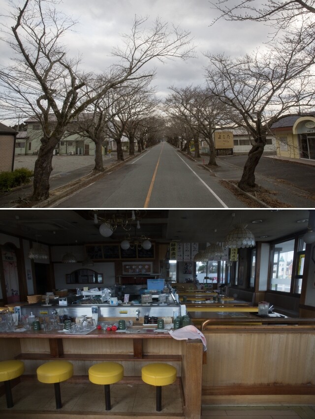 이어진 원전 사고는 이 마을의 자랑거리인 벚꽃길 ‘요노모리’를 유령의 거리로 만들었다(위쪽). 주인도, 손님도 돌아오지 않은 인근 음식점 ‘아톰 스시’도 3·11 사고 이후 시간이 멈췄다.