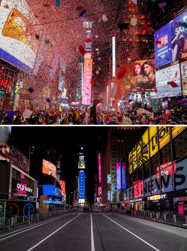 2020년 1월1일(위)과 12월31일의 뉴욕. 로이터