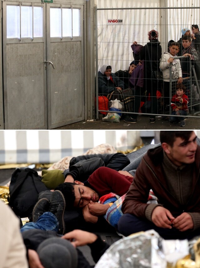 브라우나우 난민캠프 쇠울타리 안에서 다음 차례의 독일행 버스를 기다리는 난민들과 바닥에 누워 수면을 취하는 난민들.
