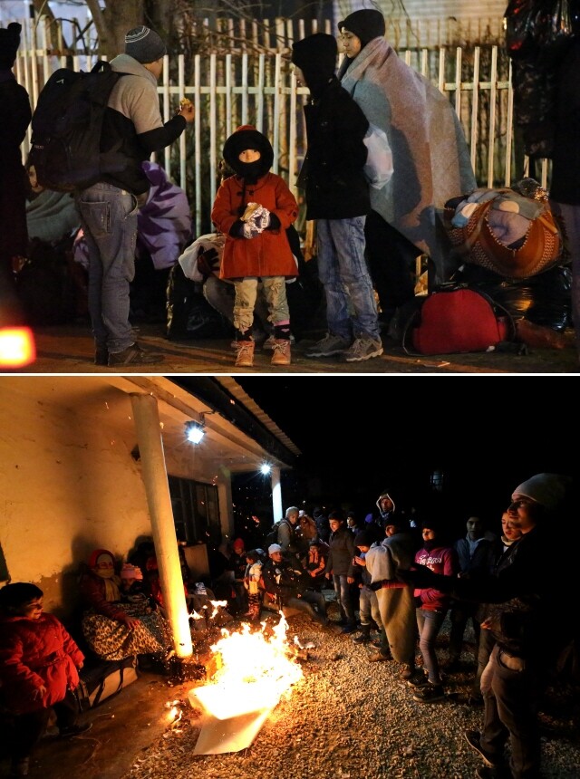 세르비아 남부 프레셰보 난민캠프 앞에서 버스를 기다리는 난민 가족(위쪽), 프레셰보 캠프 안에서 불을 피우며 추위를 피하는 난민들.