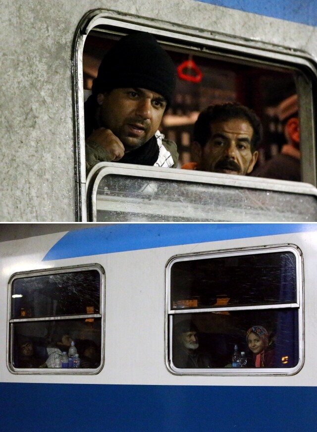 슬로베니아 북부 예세니체 기차역에서 열차가 잠시 정차한 사이 창문 밖을 바라보는 난민들.