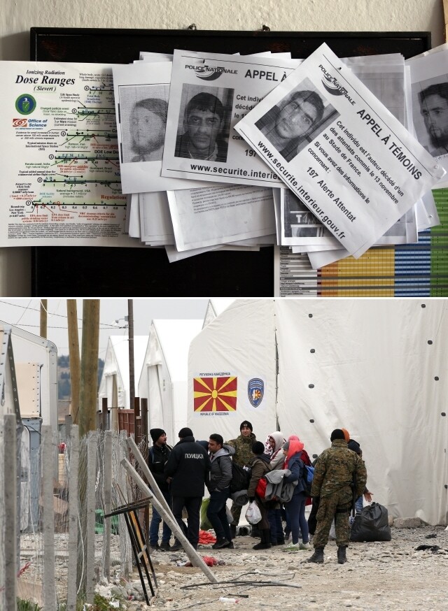 프랑스 파리 테러 용의자 사진을 게시판에 붙여놓은 마케도니아 남부 국경도시 게브겔리야 경찰서(위쪽), 그리스에서 마케도니아로 갓 넘어온 난민들.