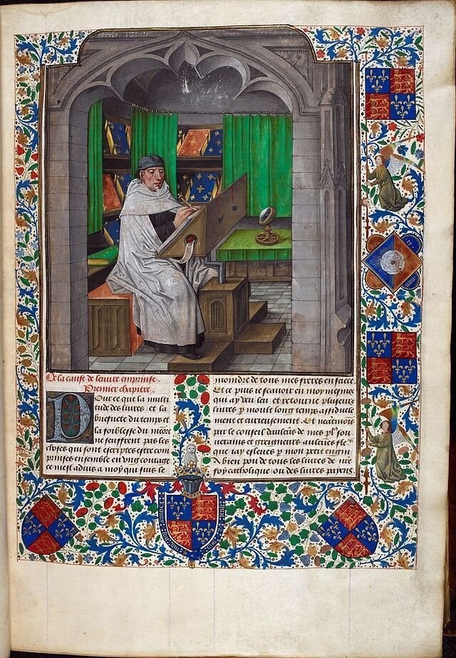 영국도서관에 보관된 1480년 책의 그림 속 중세 필경사. DNA 복제는 원고지 150만 장을 베껴 쓰는 것에 비유할 수 있다. 위키피디아