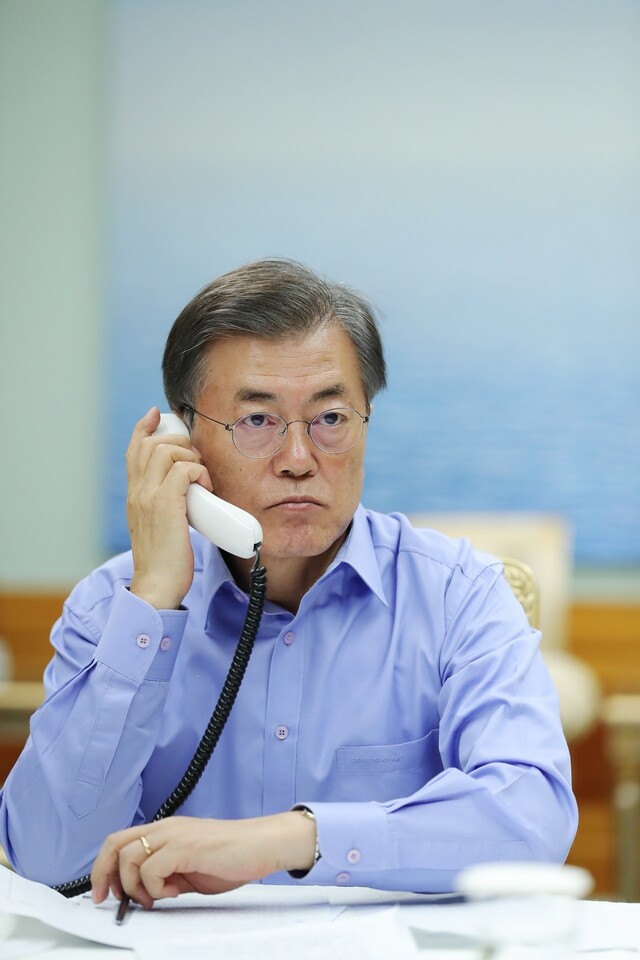 President Moon Jae-in speaks with US President Donald Trump during a phone call on Sept. 1.  (provided by Blue House)