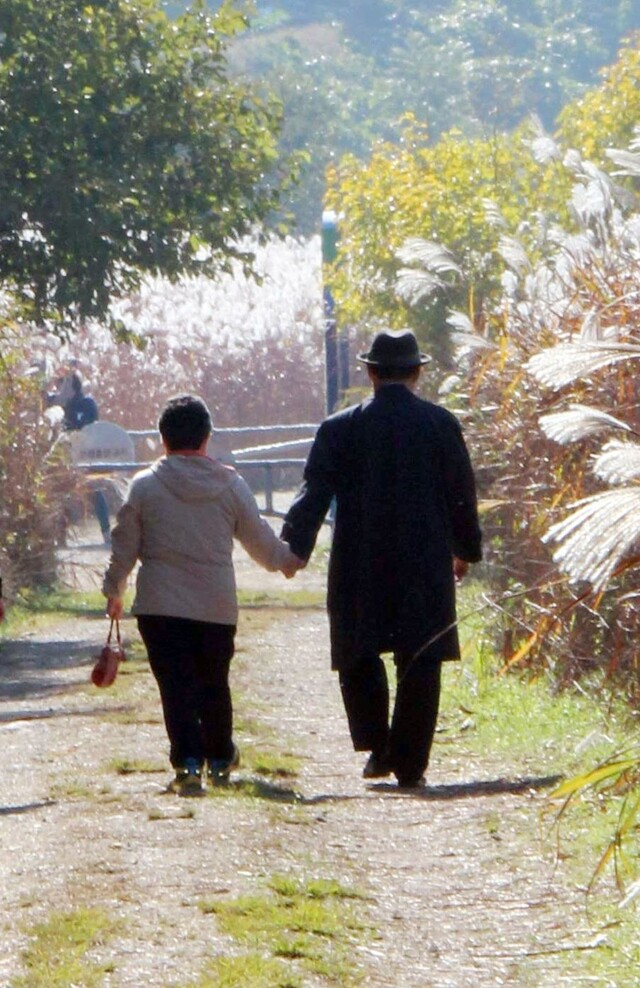 만추의 어느 날, 두 노인이 손을 잡고 걷고 있다. 연합뉴스