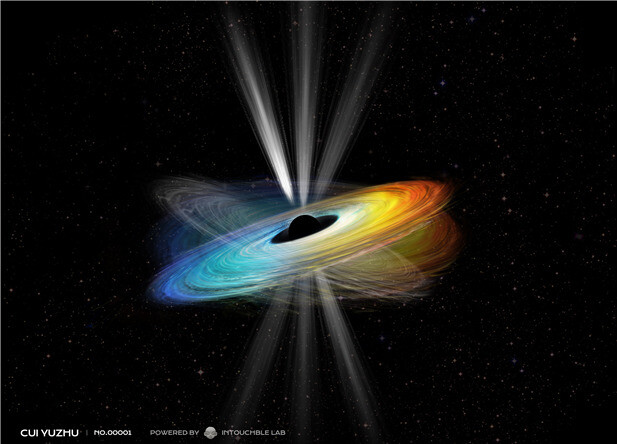 세차운동 중인 기울어진 부착원반 모델을 설명하는 이미지. 중심부 블랙홀의 회전축은 수직 방향으로 고정되어 있다고 가정한다. 블랙홀과 부착원반 사이의 회전축이 나란하지 않은 경우 부착원반과 제트의 세차운동이 일어난다. 천문연 제공