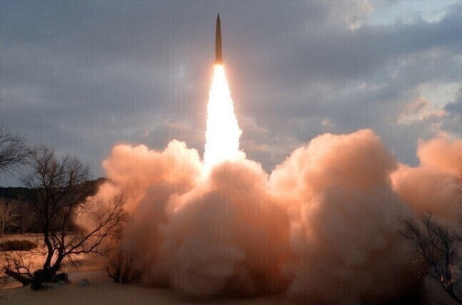 This undated file photo shows a ballistic missile being launched by North Korea. (KCNA/Yonhap)