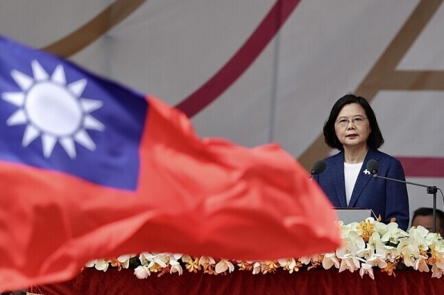 Taiwanese President Tsai Ing-wen delivers a speech on Oct. 10, 2021, marking National Day in Taipei, Taiwan. (EPA/Yonhap News)