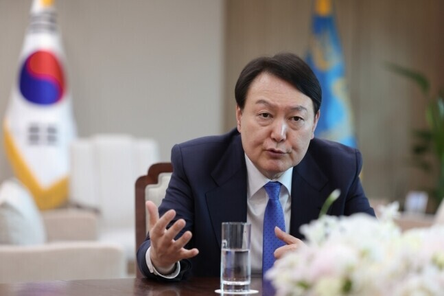 President Yoon Suk-yeol speaks to Reuters at the presidential office in Seoul on April 18. (courtesy of the presidential office)