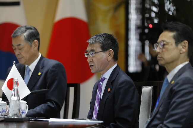 Japanese Foreign Minister Taro Kono makes his remarks during a meeting with Kang and the Chinese foreign minister in Beijing on Aug. 21. (EPA/Yonhap News)
