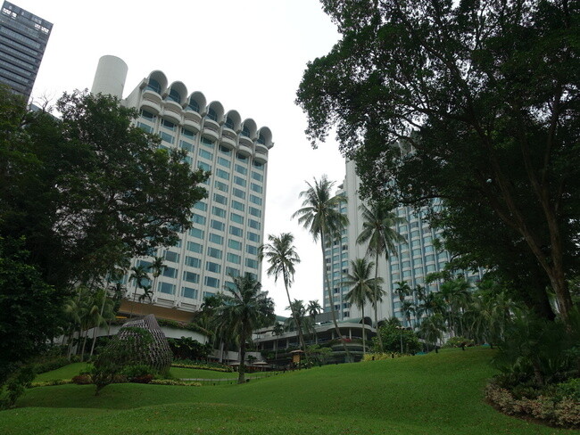 A view of Shangri La Hotel Singapore from the garden