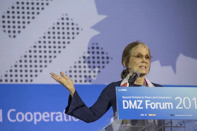 Gloria Steinem speaks at the DMZ Forum in September 2019. (courtesy Christine Ahn)