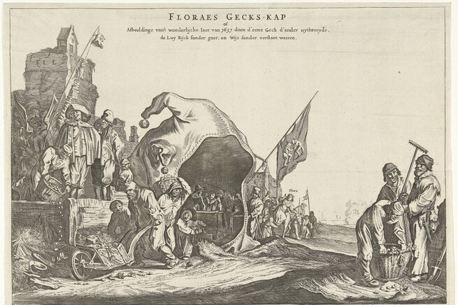 피터르 놀퍼, &lt;플로라의 바보 고깔모자, 혹은 한 바보가 다른 바보를 낳은 놀라운 해인 1637년의 광경, 게으른 부자가 재산을 잃고 현명한 자가 판단력을 잃다&gt;, 1637년께, 종이에 동판화, 네덜란드 암스테르담 국립미술관