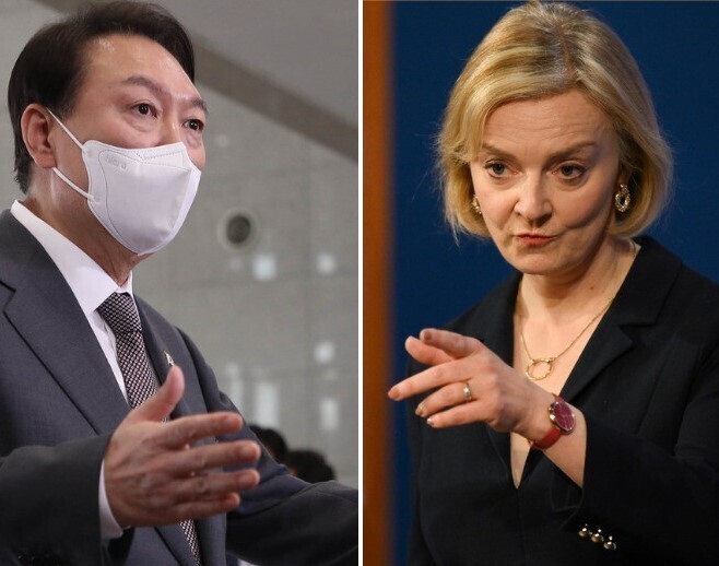 President Yoon Suk-yeol and ex-British Prime Minister Liz Truss (AP/Yonhap)