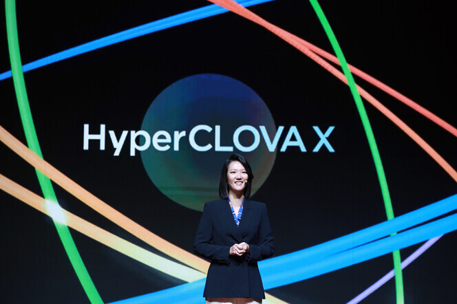 Choi Seo-yeon, the CEO of Naver, unveils her company’s large language model “HyperCLOVA X” on Aug. 24. (courtesy of Naver)
