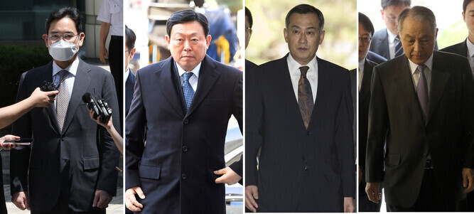 Recipients of President Yoon Suk-yeol’s National Liberation Day pardons included (left to right) Samsung Electronics Vice Chairperson Lee Jae-yong, Lotte Group Chairperson Shin Dong-bin, Dongkuk Steel Mill Chairperson Chang Sae-joo and STX Group Chairperson Kang Duk-soo. (Kim Hye-yun; Kim Tae-hyeong; pool photos)