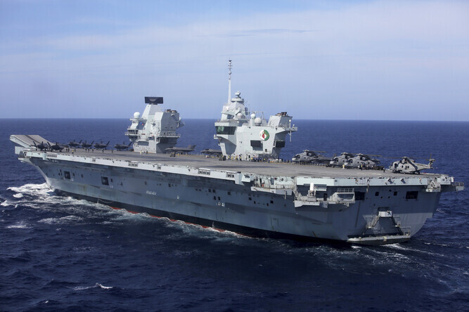 The British Royal Navy’s flagship, HMS Queen Elizabeth, participates in a NATO-led joint naval exercise in May. (AP/Yonhap News photo archives)