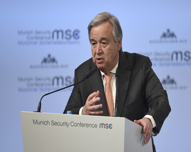 UN Secretary-General António Guterres speaks during the International Security Conference in Munich, Germany on Feb. 16, 2018. (Yonhap News)