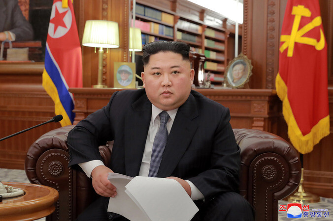 North Korean leader Kim Jong-un gives his New Year’s address at the Workers’ Party of Korea (WPK) headquarters in Pyongyang on Jan. 1. (Yonhap News)