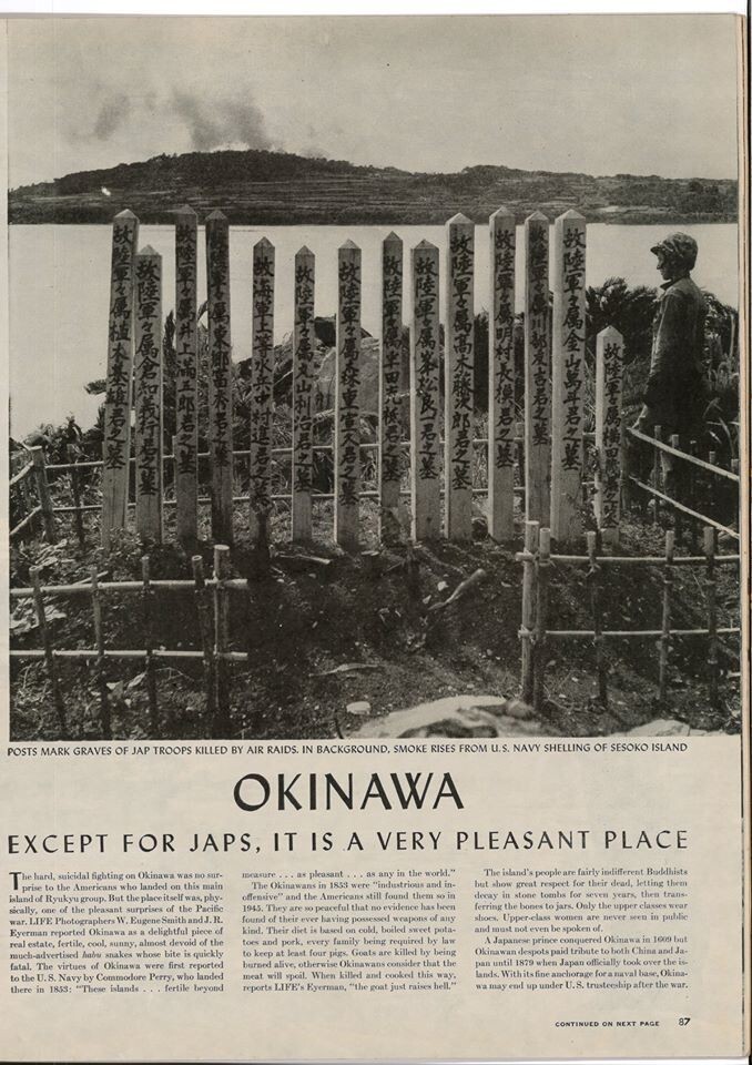 A photograph published in the May 1945 edition of “Life” showing an American soldier next to wooden grave markers for people believed to be Koreans drafted into labor under the Japanese colonial occupation.