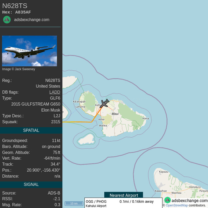 트위터 계정 @ElonJet에 공개된 일론 머스크 소유 자가용 비행기의 지난 1월25일 운항정보. 하와이 마우이섬 카훌루이국제공항에 착륙한 상세 정보가 드러나 있다. twitter@ElonJet 제공