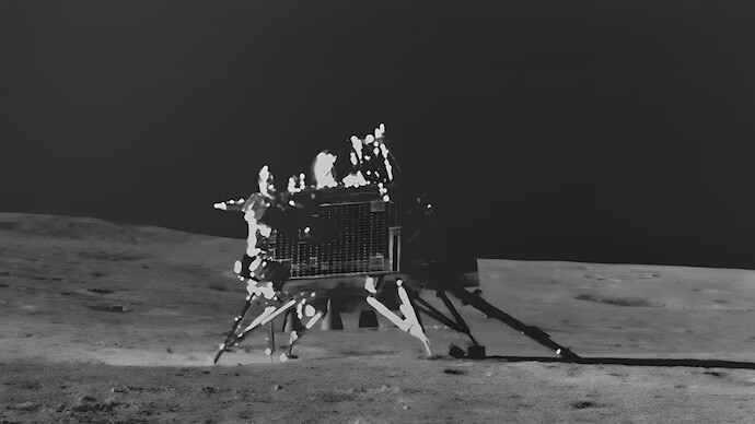 인도의 달 탐사차 프라그얀에서 본 착륙선 비크람. 인도우주연구기구 제공