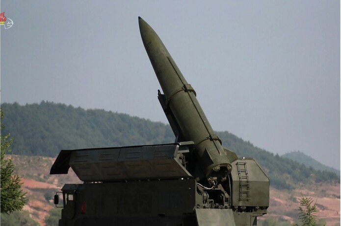 Footage released by Korean Central Television of a test launch of short-range missiles on May 9. (Yonhap News)