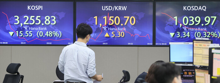 Electronic sign boards at a Hana Bank dealing room in Seoul show the dollar-won exchange rate on Wednesday. (Yonhap News)