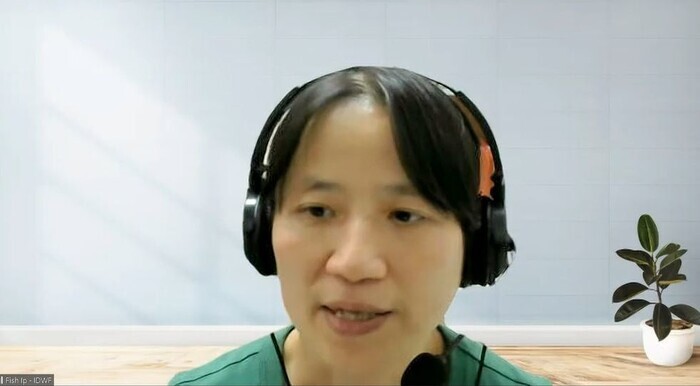 Fish Ip, the Asia Pacific regional coordinator at the International Domestic Workers Federation, answers questions during a Zoom lecture hosted by the Seoul National University Center for Transnational Migration and Social Inclusion on June 19. (still from Zoom)