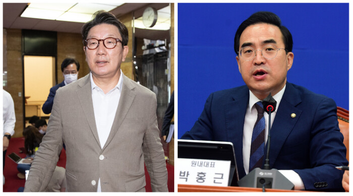 권성동 국민의힘 원내대표(왼쪽)와 박홍근 더불어민주당 원내대표. 공동취재사진