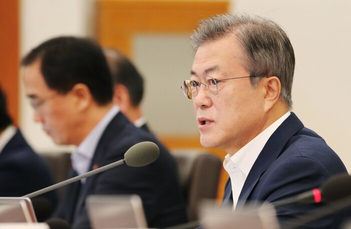 South Korean President Moon Jae-in presiding over a cabinet meeting at the Blue House on Sept. 11. (Blue House photo pool)