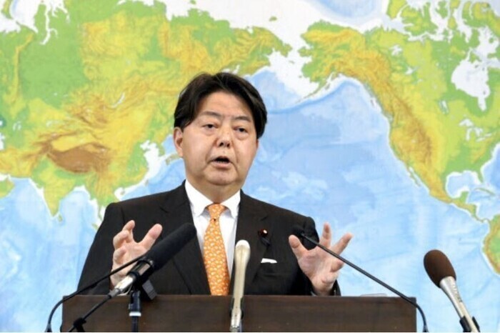 Japanese Foreign Minister Yoshimasa Hayashi speaks at a press conference on May 11, 2022, following his appointment. (Yonhap)
