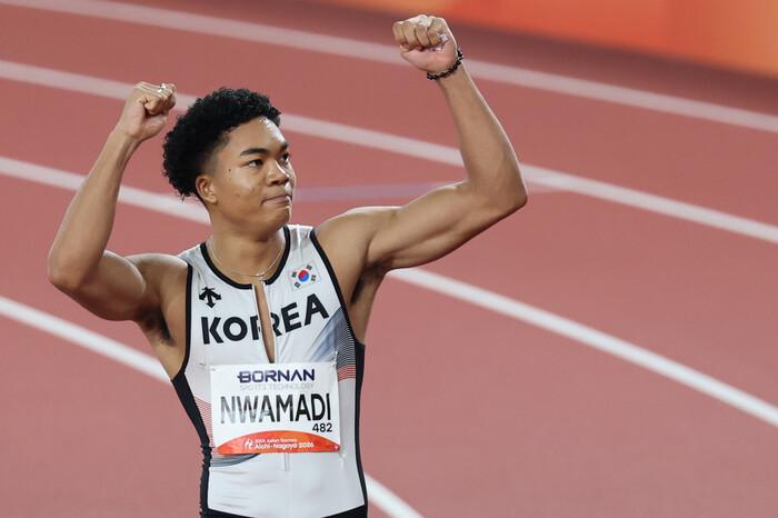 나마디 조엘진의 남자 100m 결승 모습. 나고야/연합뉴스