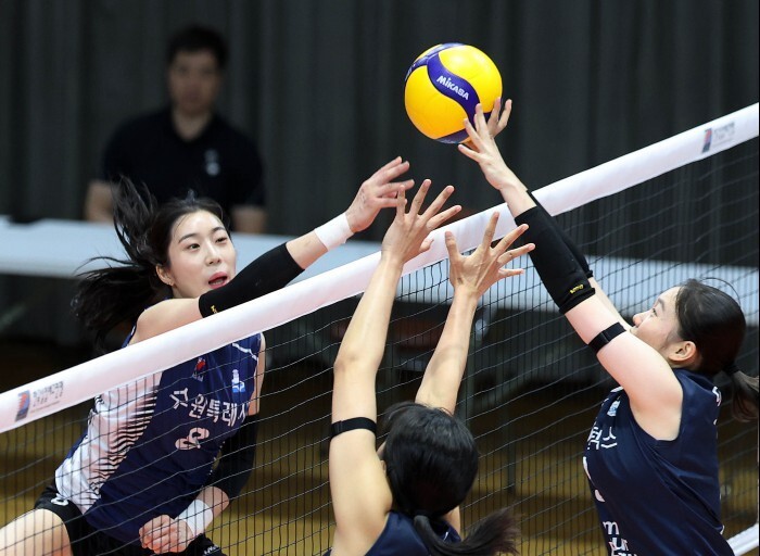 GS (GS) Caltex and Suwon City Hall are playing in the 2025 Korea Volleyball Federation and Professional Volleyball Futures Champion held at Danyang National Sports Center in Chungbuk on the 8th. Korea Unemployment Volleyball Federation provided