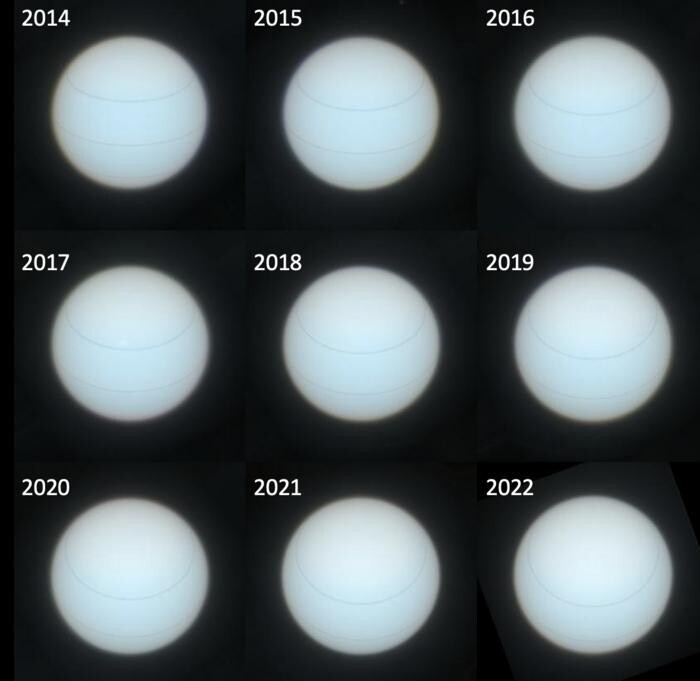 2015~2022년 허블우주망원경으로 촬영한 천왕성. 맨 위가 북극이고, 옆으로 난 두 줄은 참조용으로 그은 남위 35도, 북위 35도선이다.
