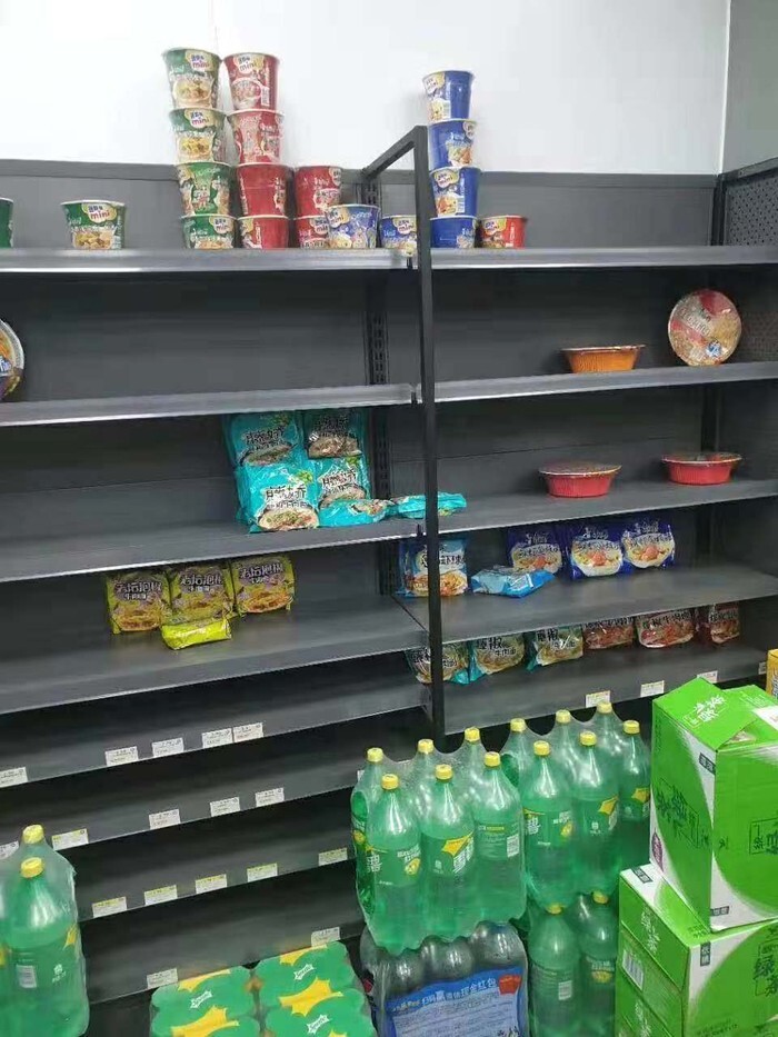 The shelves of a convenience store in Wuhan, China, are nearly empty as the city is quarantined amid fear of the coronavirus spread. (photos provided by Lee Yoo-ri, a South Korean expat in Wuhan.)