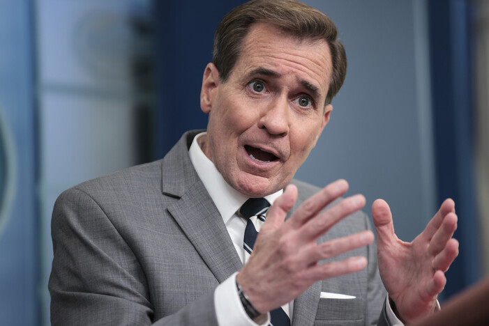 John Kirby, the National Security Council spokesman, gives a briefing at the White House on April 20. (UPI/Yonhap)
