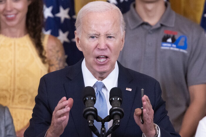 US President Joe Biden speaks at an event on Aug. 16 marking the first anniversary of the enactment of the Inflation Reduction Act. (EPA/Yonhap)