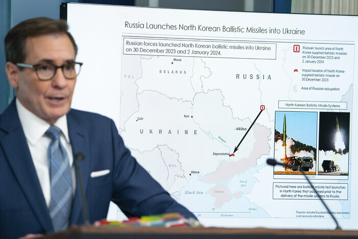 John Kirby, the White House National Security Council’s coordinator for strategic communications, gives a press briefing on Jan. 4 in which he says that Russia launched a ballistic missile provided by North Korea into Ukraine. (AP/Yonhap)